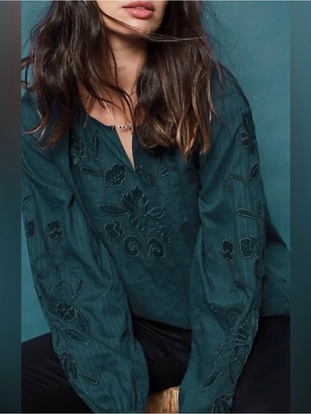 J. Jill Boho Tunic Top Velvet Embellished cotton Size large petite Peacock
